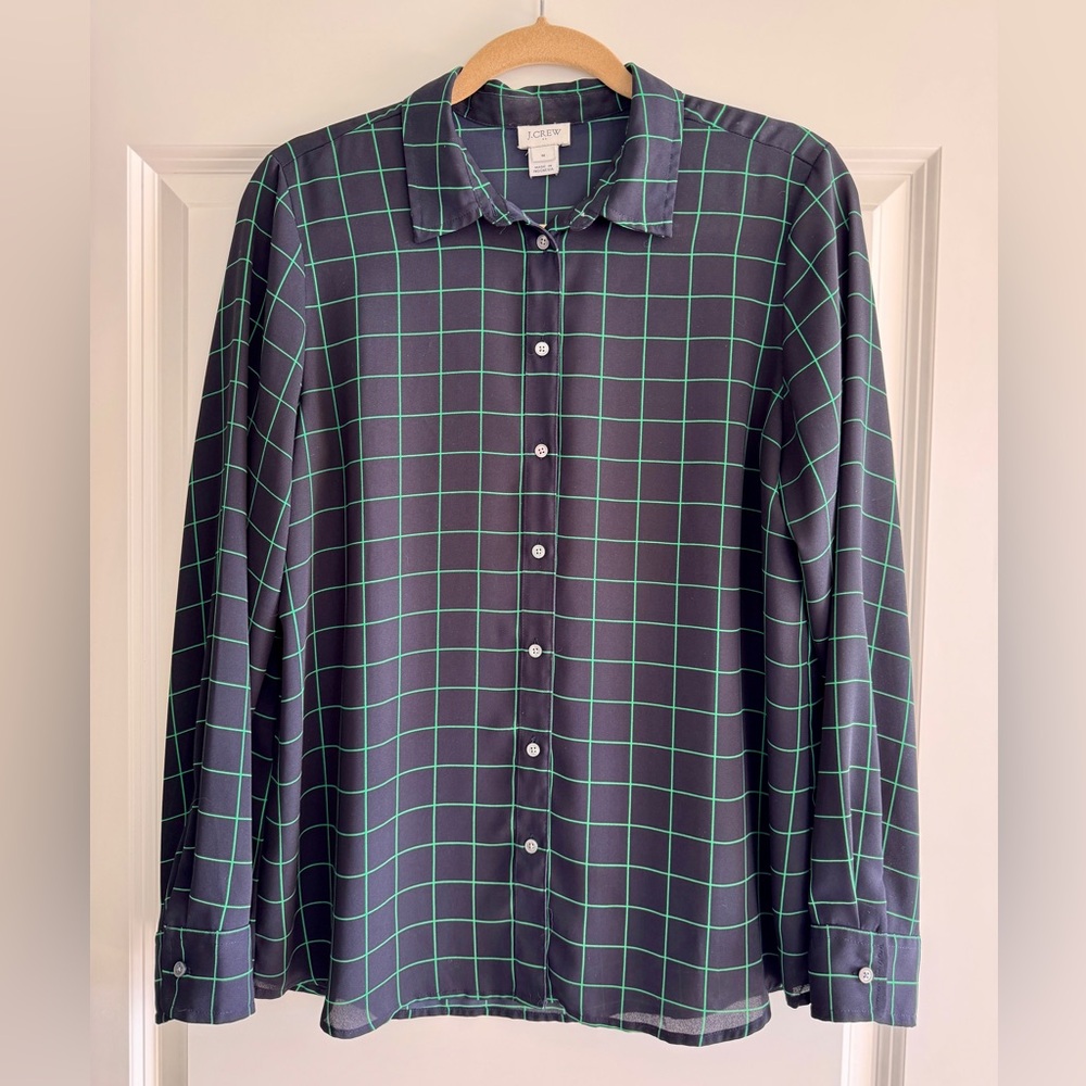 J. Crew Women’s Navy and Green Crepe Blouse - Size M